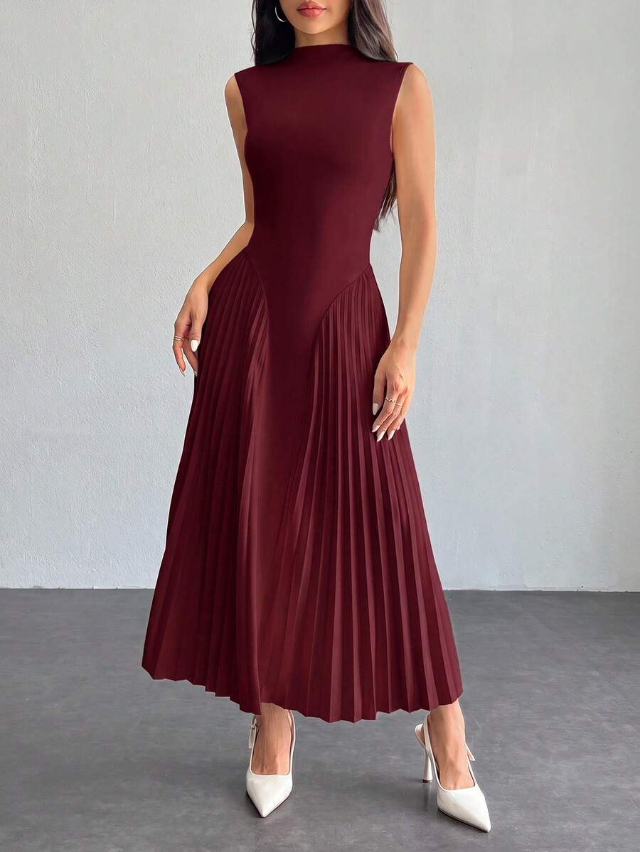 SHEIN PETITE 女款優雅百褶修身A字洋裝 - 酒紅色 - 查看 1