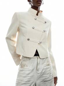LYSMO Women's Solid Color Button Front Long Sleeve Blazer - Black - View 7
