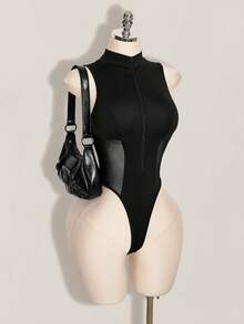 SHEIN ICON Y2k Women's Halloween Black Sexy Fashion Zipper Mesh Patchwork Bodysuit - Black - View 12