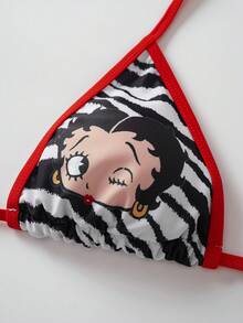Betty Boop x SHEIN 女款數位印花掛脖綁帶比基尼上衣與低腰三角褲兩件式泳衣套裝，適合夏季度假與海灘 - 彩色 - 查看 4
