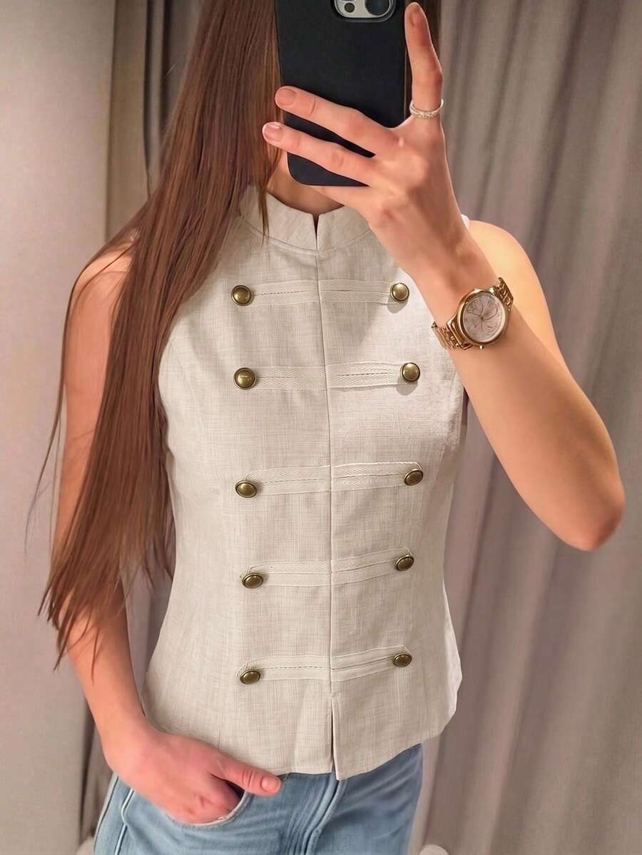 Siren Gaze Summer New Double-Breasted Stand Collar Sleeveless Shirt - Apricot - View 1