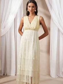 VOLUPTÉ CURVE Women's Spring/Summer Cream White Maxi Dress Sequin V-Neck Sleeveless Fringe Gown, Elegant Party Dinner Wedding Date Guest - Beige - View 5