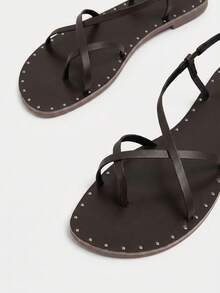 Mnmlis Thin Rivet Cover Toe Flat Sandals - Coffee Brown 2 - View 2
