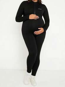 Plussiva 大尺碼孕婦拉鍊半開襟牛仔長袖連身褲 - 黑色 - 查看 6