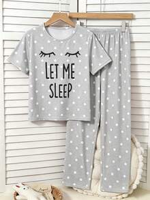 Teen Girls 2-Piece Set Summer New Arrival, Grey & White Polka Dot Print, Korean Sweet Style, Round Neck Short Sleeve Top & Long Pants, Soft Milk Silk Knit Fabric, Loose Comfortable Fit, Playful Letter & Eyelash Print Design, Energetic Girl Vibe, Loungewear Can Be Worn Out - Grey - View 4
