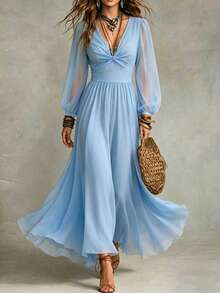 Breezaya Women's Solid Color Twisted Knot Ruched Casual Party Travel Chiffon Long Sleeve Dress - Blue - View 3