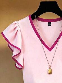 EMERY ROSE Plus Size French Elegant V-Neck Contrast Ruffle Trim Short Sleeve T-Shirt, Slim Fit Co - Multicolor - View 3