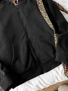 SHEIN 青少年女孩秋冬新款休閒黑色拼接豹紋可正反穿鬆款連帽學院風夾克外套 - 黑色 - 查看 5