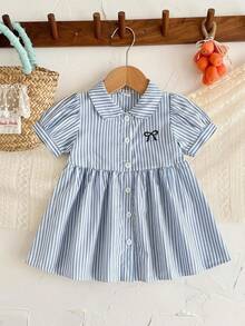 SHEIN Girls Casual Fashion Preppy Style Fresh Striped Puff Sleeve Short Sleeve Shirt Dress, Suitable For Spring/Summer, Outings, Daily Wear, School - Blue - View 1