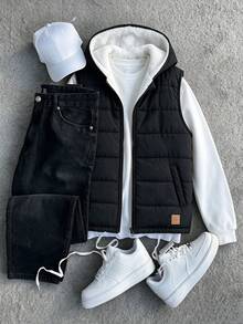 Boys' Casual Thermal-Lined Hooded Vest, Suitable For Daily Wear, Versatile, Winter - Black - View 3