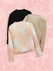 HELLO KITTY AND FRIENDS | SHEIN Tween Girl 3 件装卡通猫咪印花百搭休闲可爱甜美长袖生菜边 T 恤 - 彩色 - 查看 2