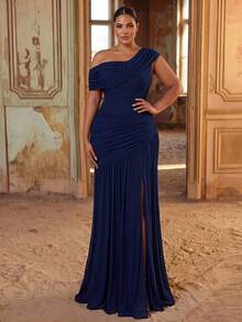 Glamrae Plus Size New Elegant Deep Royal Blue Mesh One-Shoulder Ruched Slimming Asymmetrical A-Line Skirt With High Slit For Wedding Bridesmaid Formal - Blue - View 5