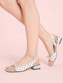 CUCCOO DOLLMOD Women's Shoes, Beige Upper Black Polka Dots, Satin Texture, Back Strap Sandals, Bow Square Toe Low Chunky Heels, Elegant Commuting Out Versatile Fash - Black and White - View 3