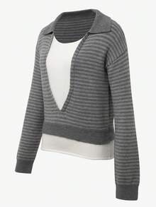 GlowEve Premium Versatile 2 In 1 V-Neck Striped Slimming Elegant Top - Grey - View 6