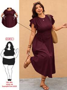 SHEIN CURVE+ Women's Plus Size Casual Solid Color Cinched Waist Midi Dress, Brown, Summer Beachwear - Red Violet - View 1