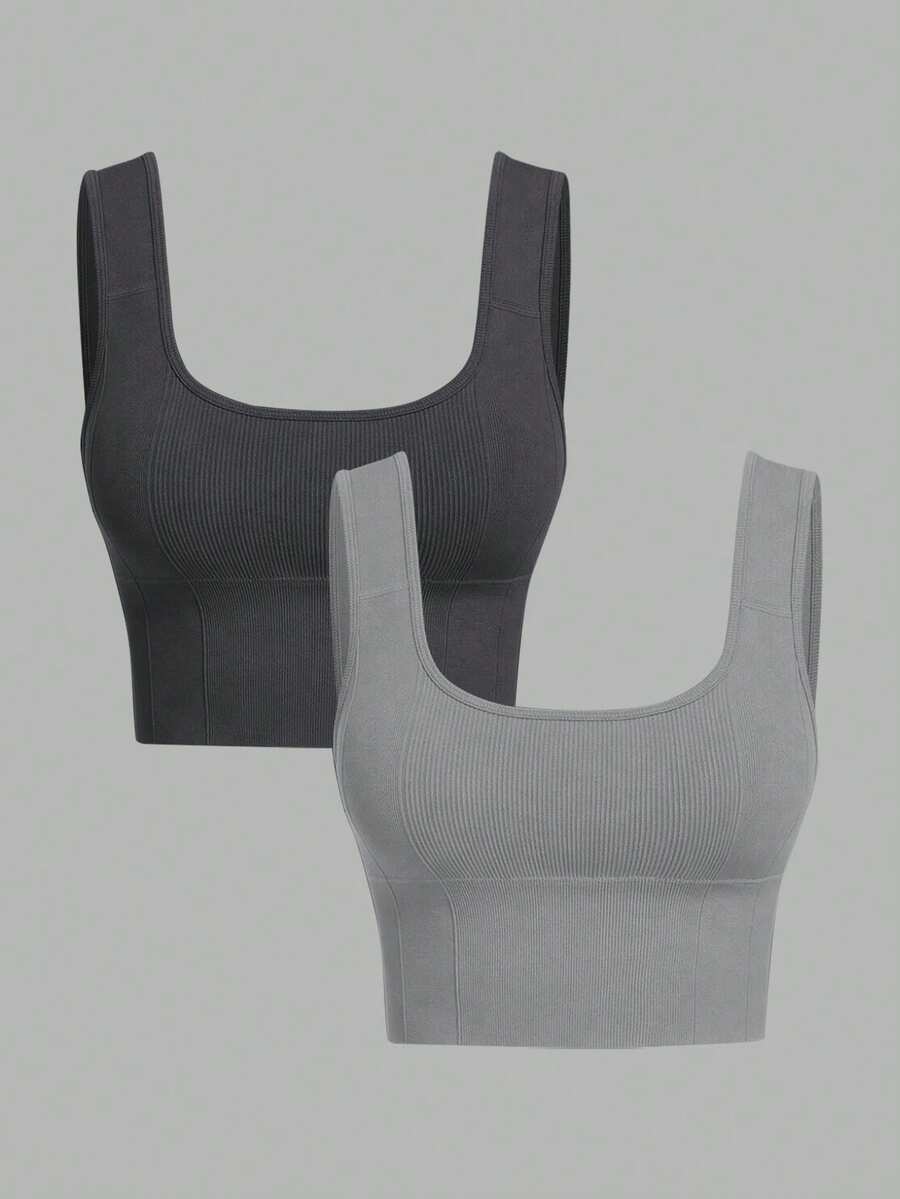 SHEIN Velisys 2件組基礎款內衣/深灰色+淺灰色/健身/瑜伽 - 彩色 - 查看 1