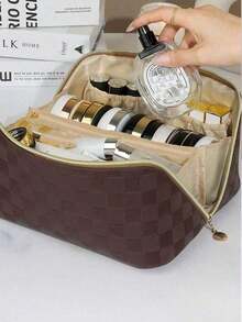 1pc Pu Multifunctional Travel Makeup Bag, Multi-Layer Compartment Cosmetic Organizer Bag, Large Capacity Makeup Brush Holder, Cosmetics, Makeup Brushes, Powder, Lipstick, Suitable For Beach, School - Brown Plaid - View 6