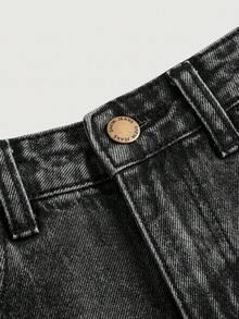 SHEIN Girlism 少女時尚百搭鈕扣口袋水洗破洞牛仔褲 - 黑色 - 查看 3