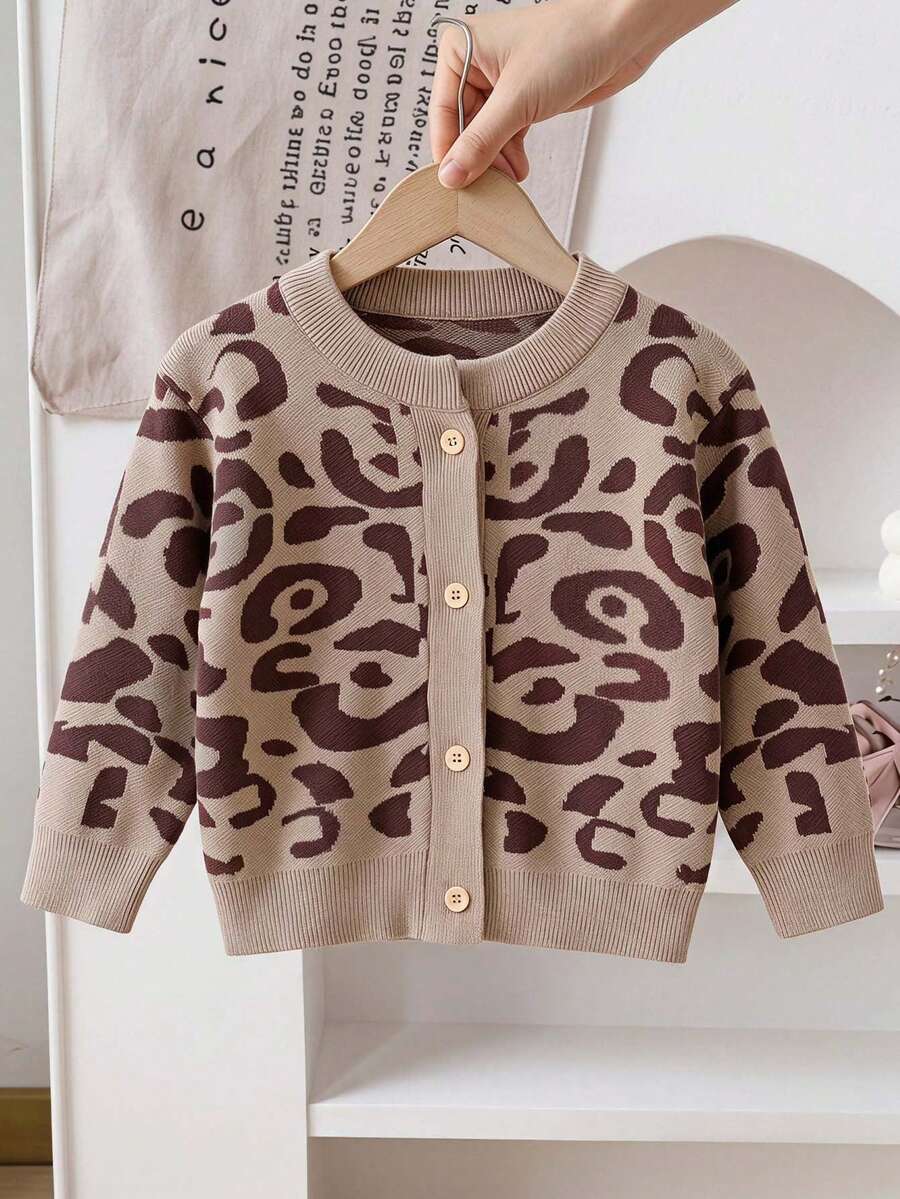 SHEIN Baby Girl Cute Leopard Print Long Sleeve Cardigan Sweater, Suitable For Autumn/Winter - Multicolor - View 1