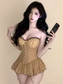 Dansine Role Play Fashion Sexy Polka Dot Mesh Jumpsuit - Coffee - View 1