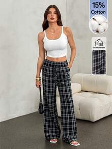 SHEIN Tall Women's Drawstring Waist Plaid Wide Leg Loose Casual Long Pants - Black - View 3
