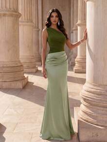Coutiva Adult Elegant Bridesmaid Dress With Ruffle Asymmetric Hem - Olive Green - View 6