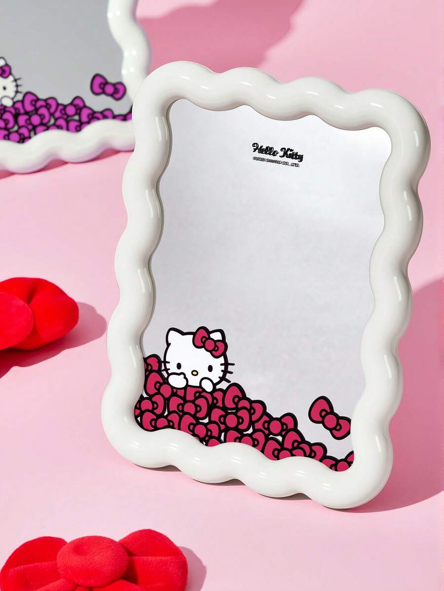 HELLO KITTY AND FRIENDS | SHEIN 波浪奶白色邊框桌上鏡,可愛貓咪與蝴蝶結印花,高清晰玻璃,適合化妝,適用於書桌、臥室與宿舍 - 白色 - 查看 1