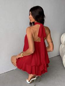 SHEIN Tall 女款優雅紅色掛脖綁帶迷你洋裝，適合派對、約會，秋冬/春夏皆宜，女款優雅洋裝 - 紅色 - 查看 2