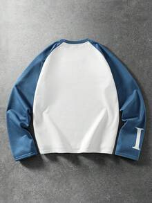 ROMWE MEN Men's Japanese Lotus Letter Print Colorblock Long Sleeve T-Shirt - White - View 3