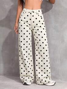SHEIN Teen Girl Pocket Button Polka Dot Casual Daily Wear Denim Jeans - Multicolor - View 3
