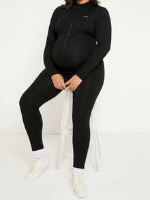 Plussiva 大尺碼孕婦拉鍊半開襟牛仔長袖連身褲 - 黑色 - 查看 5
