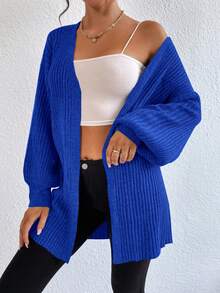 EURMUSE Drop Shoulder Open Front Ribbed Knit Duster Cardigan - Blue - View 3