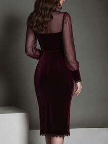 Balvessa Elegant Gothic Halloween Burgundy Velvet Commute Party Holiday Mesh Short Dress Spring Summer Autumn - Burgundy - View 2