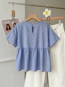 SHEIN EZwear 女款條紋百褶休閒百搭日常穿著襯衫 - 藍色 - 查看 2
