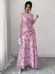 Modelyn French Design Lace Patchwork Bow Women's Long Dress - Dusty Pink - View 6