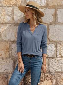 EMERY ROSE Women's Solid Color V-Neck Pocket Long Sleeve Casual T-Shirt Fall Cloth For Women - Blue - View 3