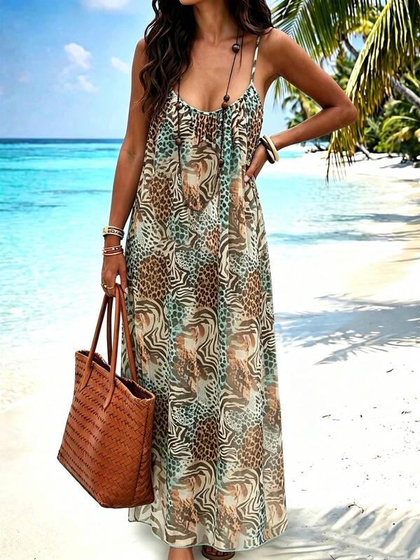 Breezaya Summer New Leopard Print Mesh Multi-Color Green Long Elegant Sexy Casual Super Loose Backless Adjustable Tie Strap Dress Cover-Up, Women's Elegant Dress, Summer Beach Vacation, Work, Country, Easter, Thanksgiving, Mother's Day, Music Festival, Halloween, Christmas, Cruise, Club, Wedding, Picnic