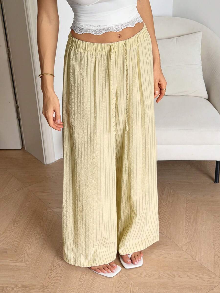 SHEIN Tall Loose Drawstring Waist Trousers In Textured Crinkle Fabric, Tall Women Beach White Autumn Casual - Yellow - View 1