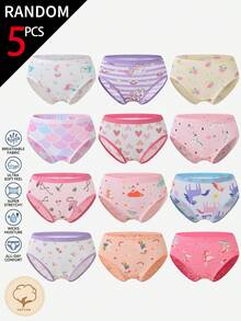 SHEIN 【5件隨機款】女童幼兒棉印花三角內褲 粉色與淺藍色 心形蝴蝶結 兔子美人魚獨角獸仙女紅鶴 冬季款 - 彩色 - 查看 6