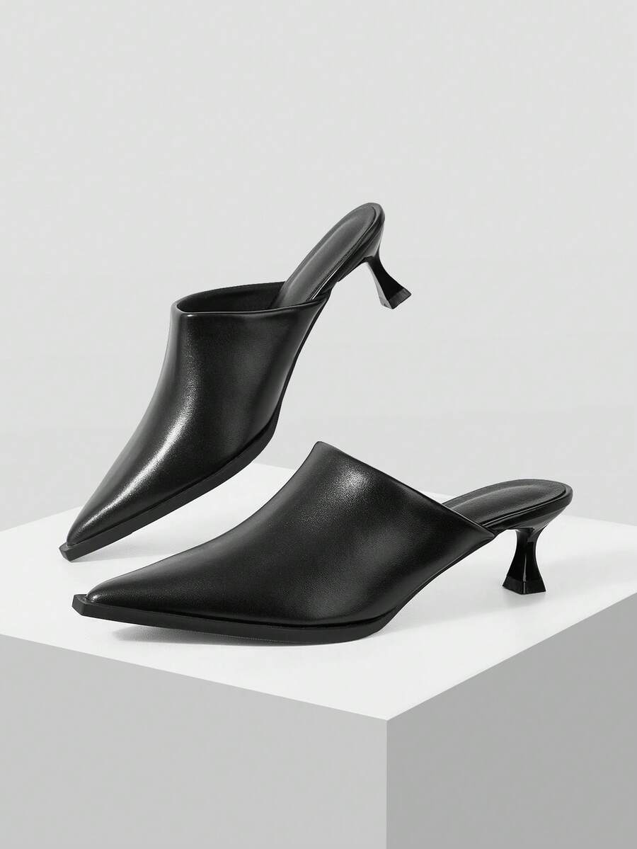 Mnmlis Women's Minimalist Pointed Toe Wine Glass Heel Black Matte Soft Leather Closed Toe Slippers, Suitable For Daily Commute, Shopping, Workplace, Business Office, Party Wear Fall Shoes - Black - View 1