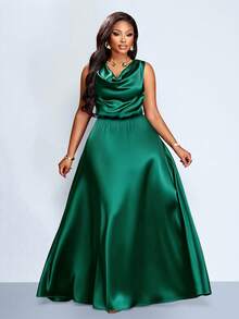 SOLERSUN Vestido de fiesta elegante para mujer de talla grande, adecuado para ocasiones importantes como fiestas de cumpleaños, temporada de graduación, té de la tarde, Acción de Gracias y temporada de bodas. Las características incluyen un escote drapeado, diseño sin mangas, cintura alta, silueta en A y longitud extra larga. Hecho de material de satén/seda, perfecto para el verano. - Verde Oscuro - Ver 1