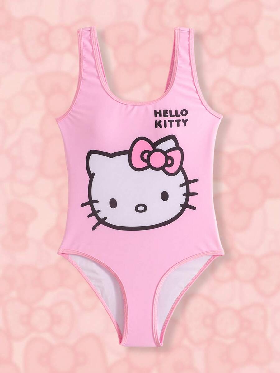 HELLO KITTY AND FRIENDS | SHEIN Tween Girl Vacation Cartoon Print Casual One-Piece Swimsuit - Baby Pink - View 1