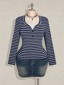 SHEIN ICON Women's Plus Size Autumn/Winter Contrast Lace Black & Grey Striped Slim Fit T-Shirt Fall - Navy Blue - View 4