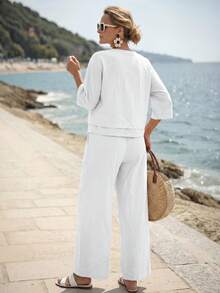 Faunlyn Women's Solid Color V-Neck Top And Long Pants Casual Minimalist Tropical Daily Vacation 2 Pieces Set All White Autumn - White - View 2