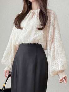 FRIFUL Women's Early Summer/Autumn New Korean Solid Color Textured Fabric Blouse Cute Tops - Apricot - View 5