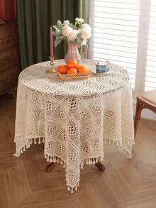 Cirelle 1pc Boho Crochet Round Tablecloth, Vintage Knit Hollow Out Table Cover With Tassels, Rustic Macrame Tablecloth For Dining Room, Kitchen, Cafe Decor - Beige - View 20