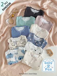 SHEIN Vintaside Kids [10套隨機發送2套]新生兒長袖長褲連身衣款，可愛條紋素色極簡動物心形大象星星及其他圖案印花羅紋面料柔軟舒適深受許多媽媽和寶寶喜愛的睡衣居家服 - 彩色 - 查看 4