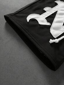 ROMWE MEN Casual Men's Letter Patch Embroidery Street Drawstring Waist Shorts - Black - View 7