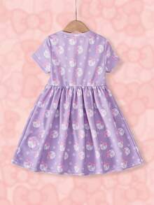 HELLO KITTY AND FRIENDS | SHEIN 女童圓領卡通印花百褶休閒日常洋裝 - 紫色 - 查看 2