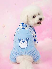 Care Bears X PETSIN 1件刺繡藍色泰迪熊秋冬款加厚保暖四腳連身衣，附牽引D型環，適用於貓狗，適合室內舒適保暖或寒冷戶外冬季散步 - 藍色 - 查看 2